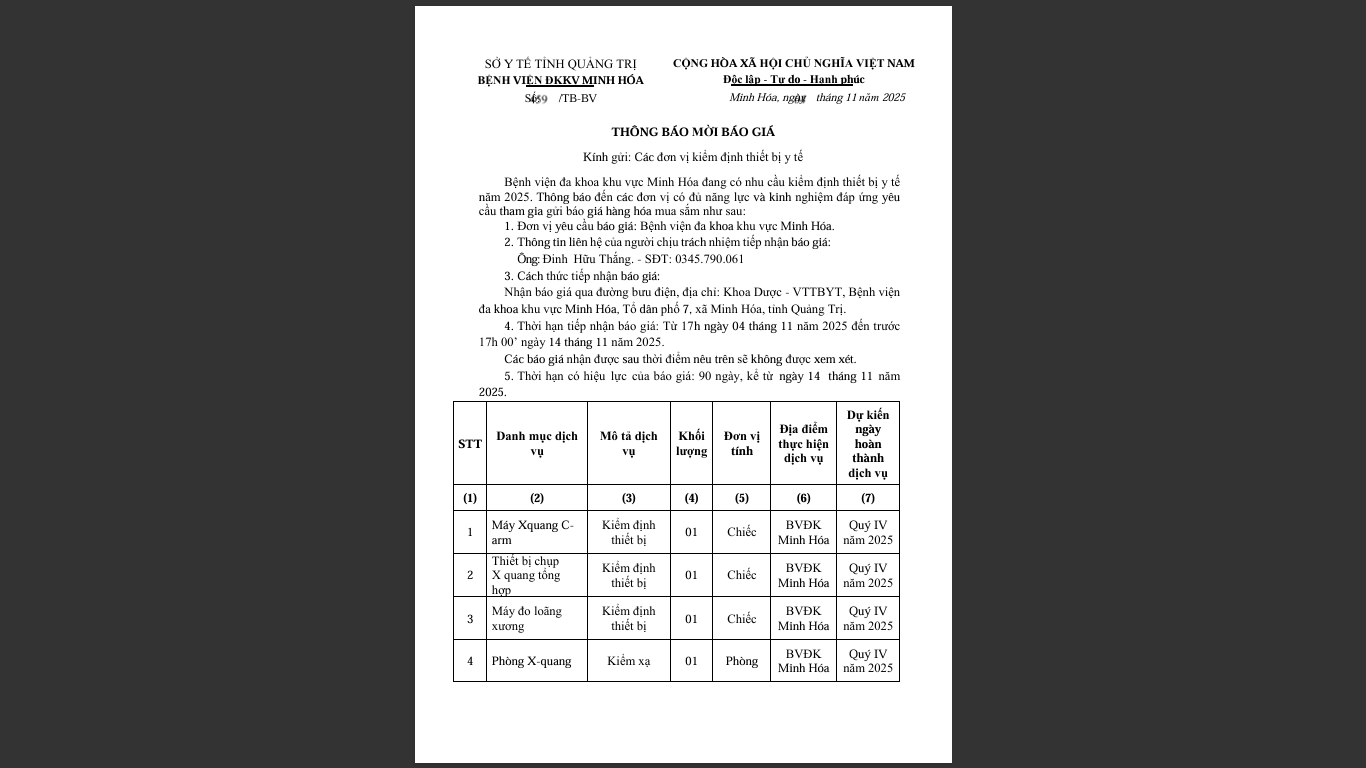 THÔNG BÁO MỜI BÁO GIÁ 