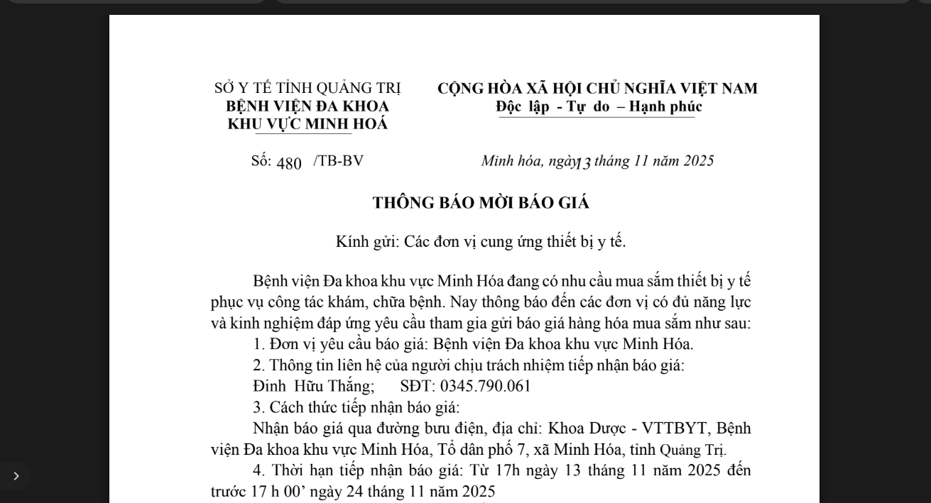 THÔNG BÁO MỜI BÁO GIÁ