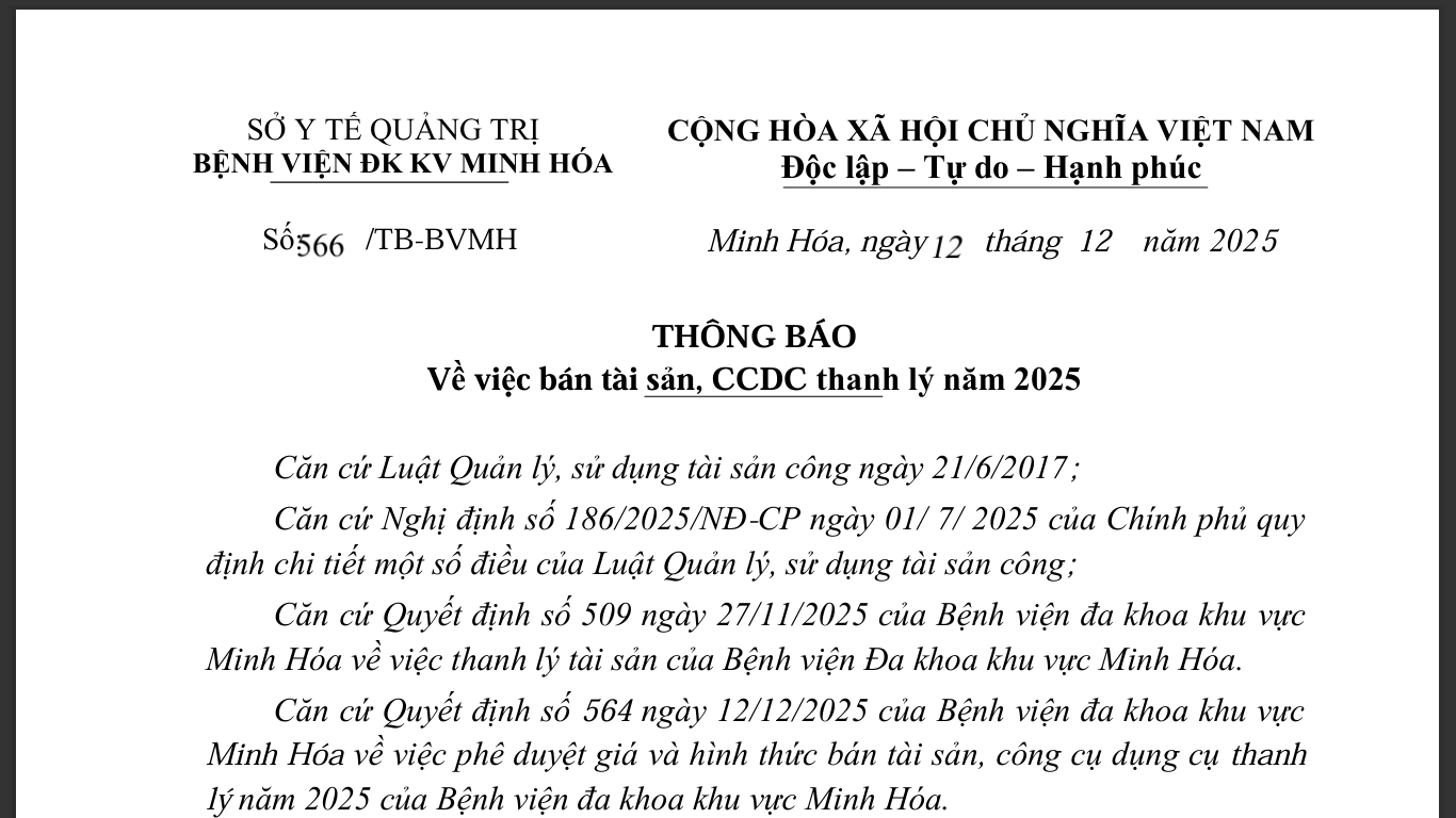 Thông báo về việc bán tài sản, CCDC thanh lý năm 2025