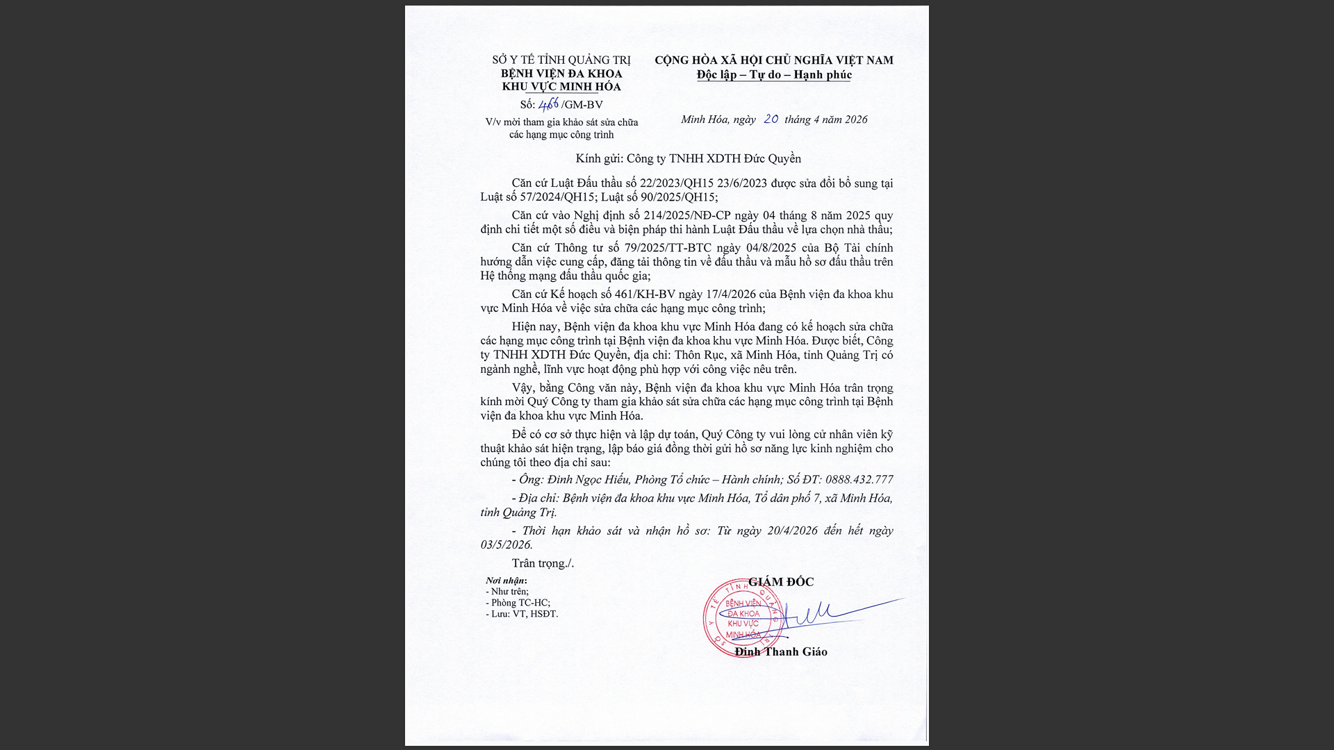 V/v mời tham gia khảo sát sửa chữa các hạng mục công trình