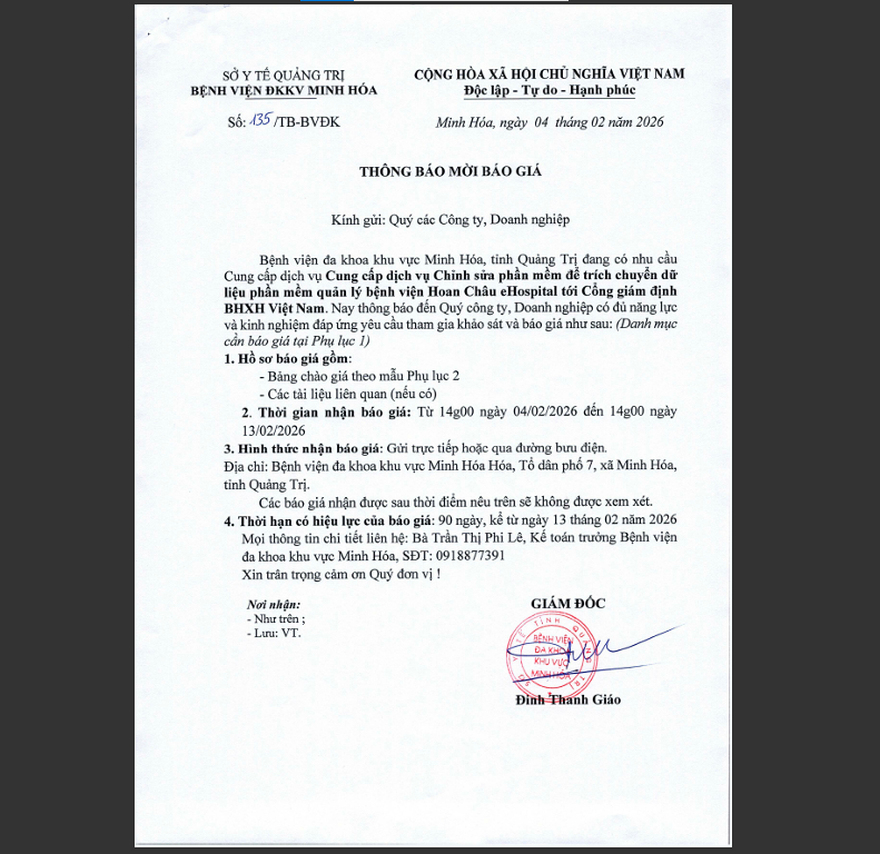 THÔNG BÁO MỜI BÁO GIÁ