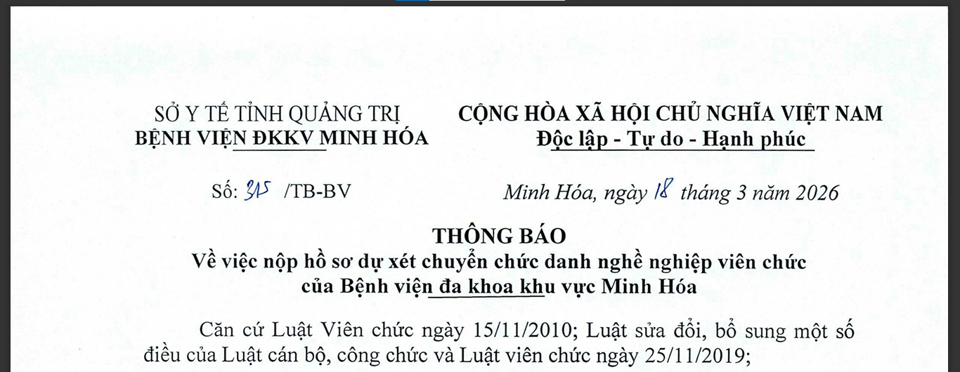 Thông báo Về việc nộp hồ sơ dự xét chuyển chức danh nghề nghiệp viên chức của Bệnh viện đa khoa khu vực Minh Hóa