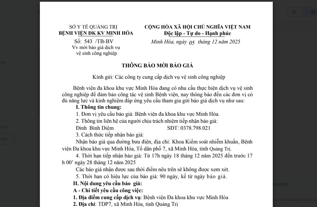 THÔNG BÁO MỜI BÁO GIÁ