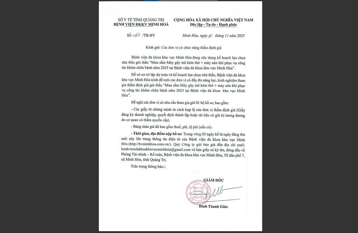 Thư mời báo giá kiểm định mua sắm Máy gây mê kèm thở + Máy nén khí